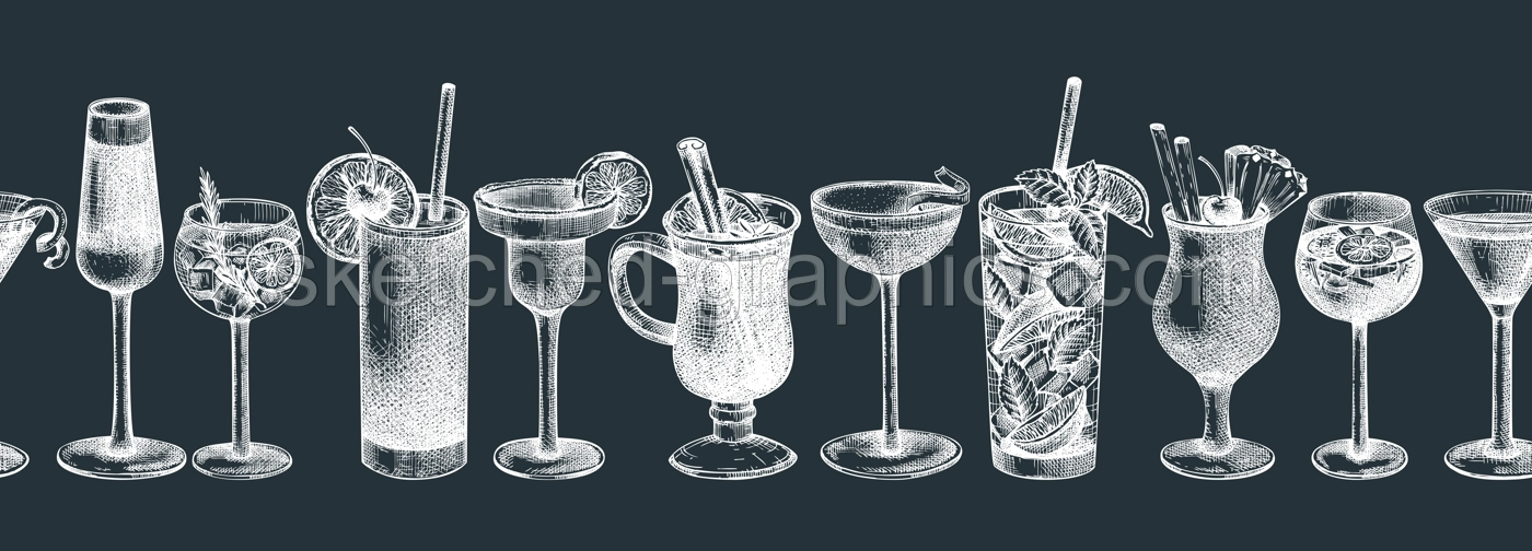 Hand-sketched cocktail illustration Vector sketches of alcoholic drinks in elegant glasses. Popular alcohol cocktails vintage hand-drawing. Perfect banner design for bar or restaurant menu Illustration